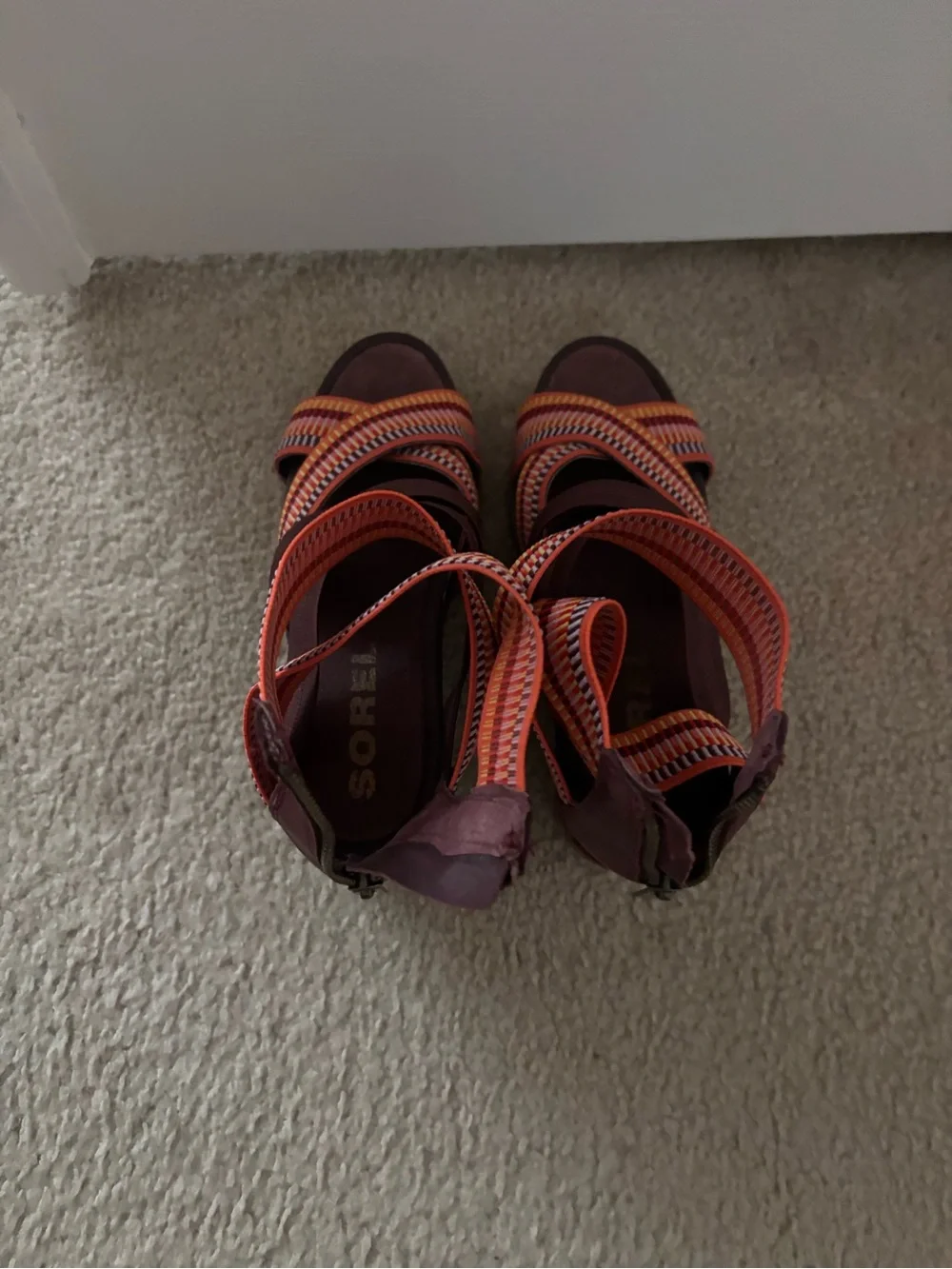 Sorel Women’s Strappy Wedge Sandals in Burgundy and Orange